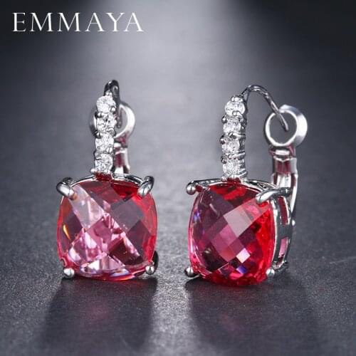 EMMAYA Red Cz Stud Earrings Large Square Shape Wedding Silver Color Cubic Zircon Crystal Earring Women Jewelry