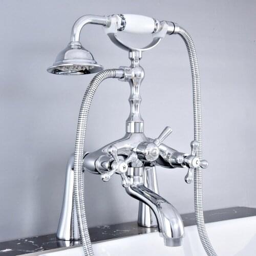 Modern Silver Chrome Brass Deck Mounted Bathroom Tub Faucet Set with 1500MM Handheld Shower Spray Head Bath Mixer Tap 2tf756
