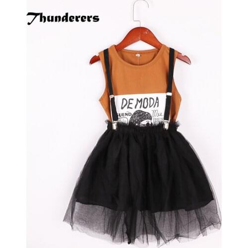 Thunderers Summer Girl Clothes Set Fashion Cartoon T-shirt With Mesh Suspender Skirt Two-piece 3-7 Years Kids Girl Clothing Suit
