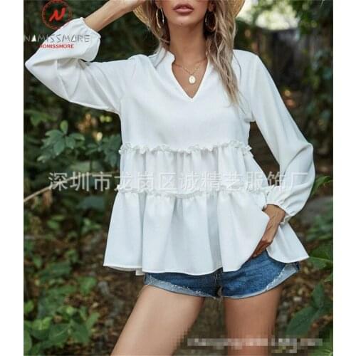 Fashion Women Solid Color Blouse Patchwork Design Ruffles Decor V-Neck Long Sleeve Spring Autumn Casual Loose Pullovers Top
