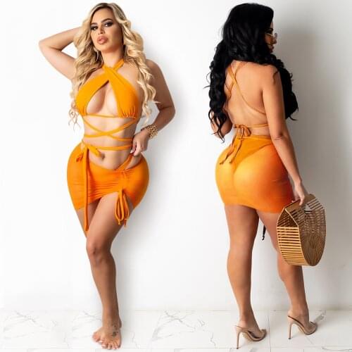 2021 Summer Ladies Fashion Sexy Bikini Beach Swimsuit Milk Screen Yarn Pure Color Sling Strap Slim Fit Buttocks Three-Piece Set