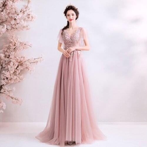 Pink A-line Backless Tulle Lace Flowers Appliques Sexy Elegant Evening Dresses 2020 New Fashion Bride Party Prom Dress XH394