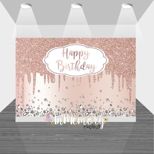 Glitter Pink Rose Gold Happy Birthday Party Decor Photo Background Custom Diamond Adult Birthday Backdrop for Photo Studio