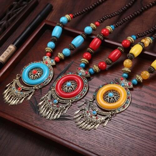 Bohemia Vintage Ethnic Leaf Red Stone Tassel Necklace For Women Gypsy Sliver Color Long Chain Necklace For Girls Tibetan Jewelry