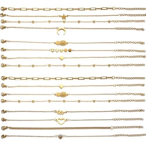 4pcs/sets Stainless Steel Multilayers Bracelets for Women Bohemian Pineapple Star Leaf Coin Geoemtric Heart Moon Chain Bracelets