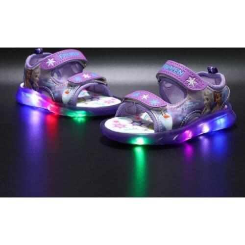 Disney childrens cartoon frozen princess non-slip soft-soled beach shoes for girls summer sequin LED sandals