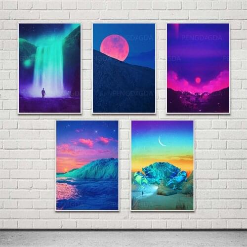 HD Prints Moon Aurora Waterfall Canvas Painting Wall Art Night Scene Landscape Poster Home Decor Bedroom Modular Pictures Frame