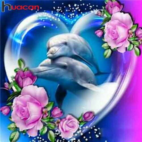 Huacan Full Diamond Embroidery Dolphin Mosaic Cross Stitch Diamond Art Painting Kits Animals Beaded Pictures Bedroom Decoration