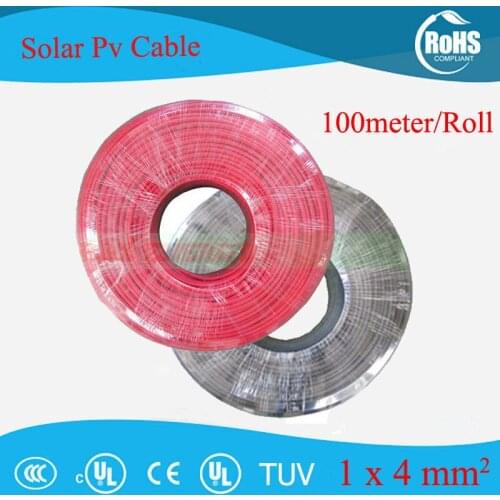 100 Meters/Roll 4mm2 (12AWG) Solar Cable Red or Black Pv Cable Wire Copper Conductor XLPE Jacket TUV Certifiction