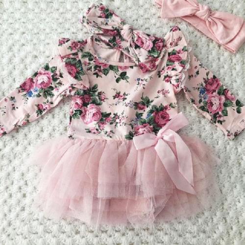 Newborn Toddler Baby Girl clothes set Floral fly sleeve Tutu Lace Dress Clothes+headband outfit clothes set Baby Clothing