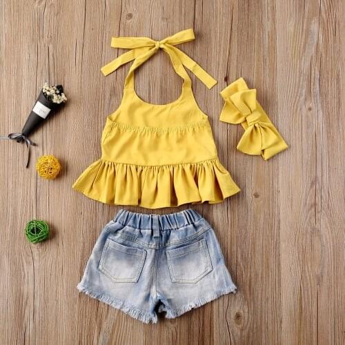 Summer Toddler Clothing Kids Baby Girls Yellow Ruffle Haler Bandage Tops Hole Denim Shorts Heaband 3pcs Outfits Set For 1-6Year