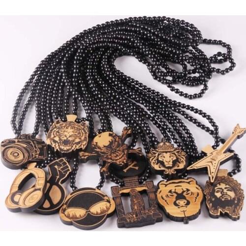 Fashion Lion King Pendant Necklace Carved Wood Beads Long Necklace Animal King Vintage Hiphop For Men Women Jewelry