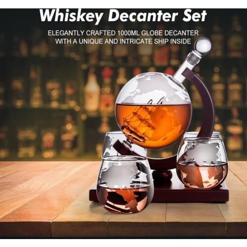 Whiskey Decanter Set Vodka Globe Decanter with 4 Glasses Liquor Dispenser with Wood Stand Wine Bureau