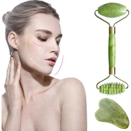 Natural Jade Roller For Face Massage Tool Set Therapy Facial Roller With Double Neck Slimming Massager
