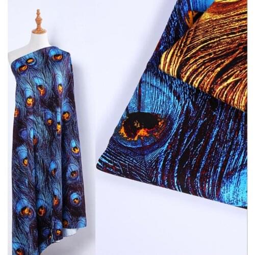 BZ5 100*140cm The New Blue Peacock Feathers Printed 100% Cotton Satin Fabric For Dress DIY Elastic Fabric Japan Style Fabric