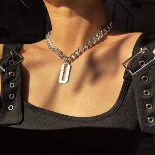 Unisex Silver Color Unique Razor Blade Shaped Pendant Necklaces for women Hip Hop Knife Tag Chokers Necklace Rock Jewelry di271