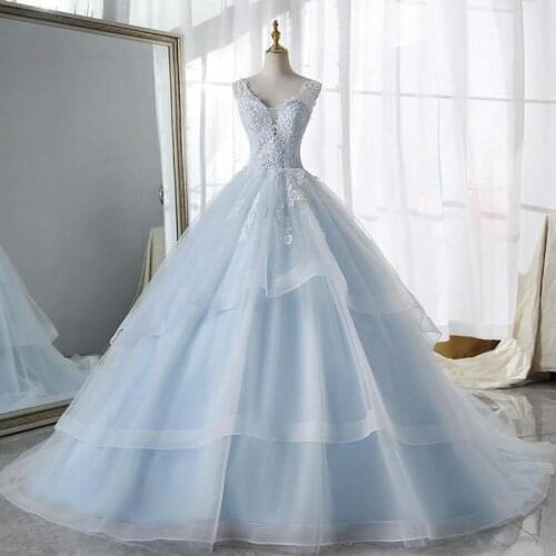 Beach Wedding Dress 2021 Sky Blue Inner With Double Lace Ruffle Deep V-neck Backless A-line Bridal Dress Vestido De Noiva
