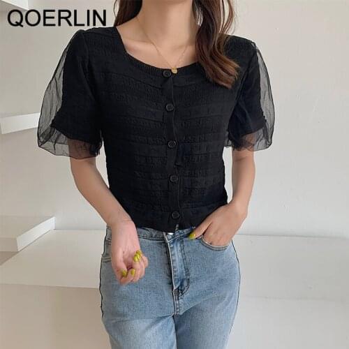 QOERLIN 2021 Women Cardigans T-Shirts Knitted Coat Summer Female Solid Sweet Loose Elegant Office Lady Casual Mesh Black Tops