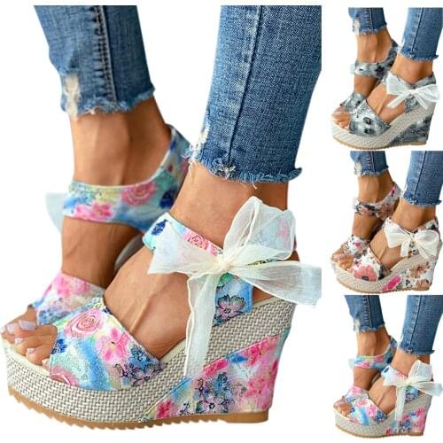 SAGACE Womens Wedges Open Toe Beach Shoes Woman Footwear Ladies Platform Wedges Sandals Fashion Flower Lace-up Shoes Footwear