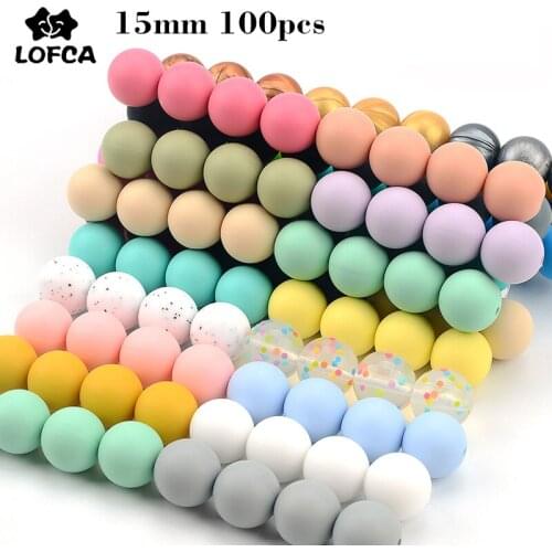 LOFCA Silicone Beads 15mm 100pcs Round Food Grade Teething Necklace Teether Oral care For Silicone Beads BPA Free Chew Jewelry