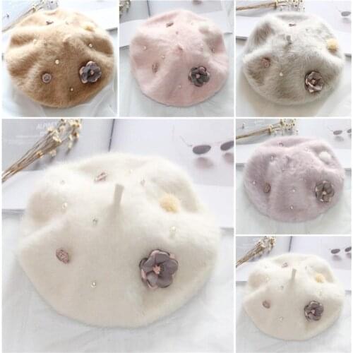Cute Rabbit fur Beret Trendy Ladies Autumn and Winter Buds Fashion Warm Painter Hat All-Match White Octagonal Hat