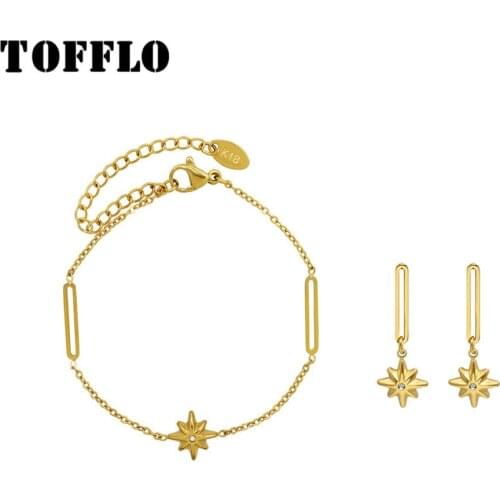 TOFFLO Stainless Steel Jewelry Eight Star Zircon Earrings For Women Elegant Fashion Pendant Bracelet Set BSE26-BSF488