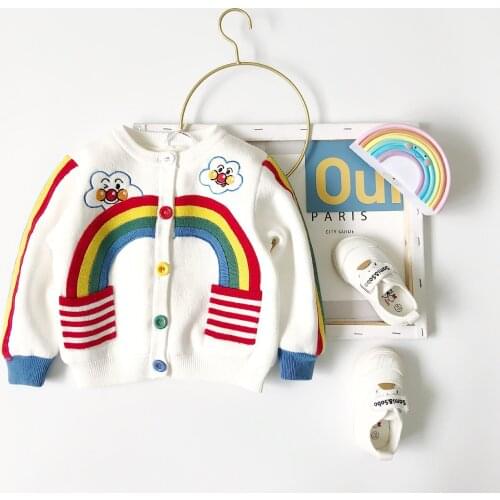 Tonytaobaby Winter New Boys and Girls' Childrens Clothing Lovely Rainbow Embroidery Cartoon Knitting Plush Cardigan Sweater