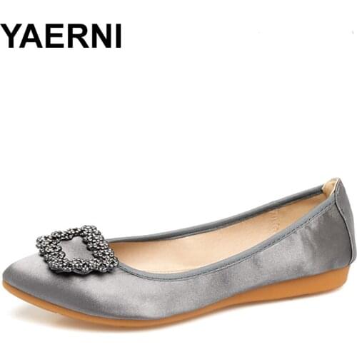YAERNI New Fashion Women Flats Rhinestone Square Buckle Ladies Flat Shoes Pointed Toe Silk Upper Comfort Shoes E731