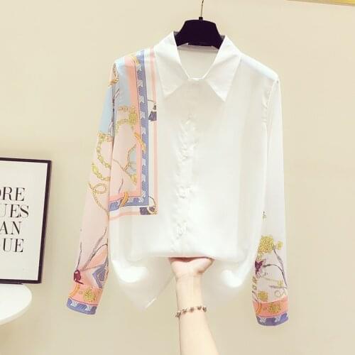 2021 Spring Chic womens high quality retro print Chiffon Shirts Fashiom white blouses Top C320