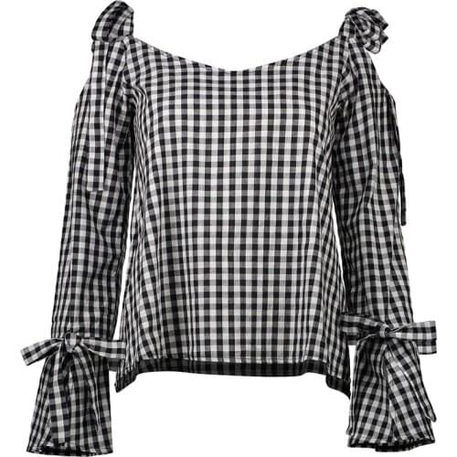 Danjeaner S-2XL Chiffon Blouse Women O Neck Off Shoulder Black Plaid Blouse Fashion Flare Sleeve Bow Women Tops Blusas femininas
