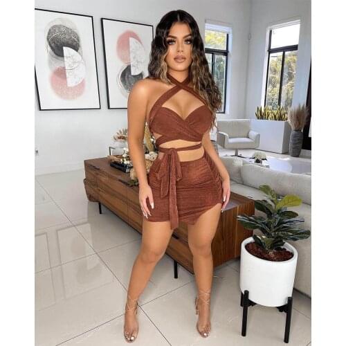 2021 New Arrival Famous Brand 2 pcs Women Set Solid Bandage Strapless Short Tops Mini Dress Summer Sexy Club Outfits