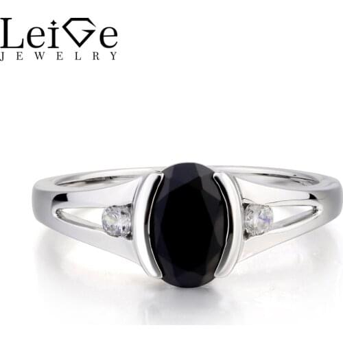 Leige Jewelry Engagement Ring Real Natural Black Spinel Ring Oval Cut Black Gemstone 925 Sterling Silver Ring Gifts for Women