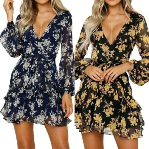 Women Long Sleeve Boho Mini Dress Sexy V-neck Ladies Floral Summer Beach Evening Party Club Dresses Sundress Female Vestidos