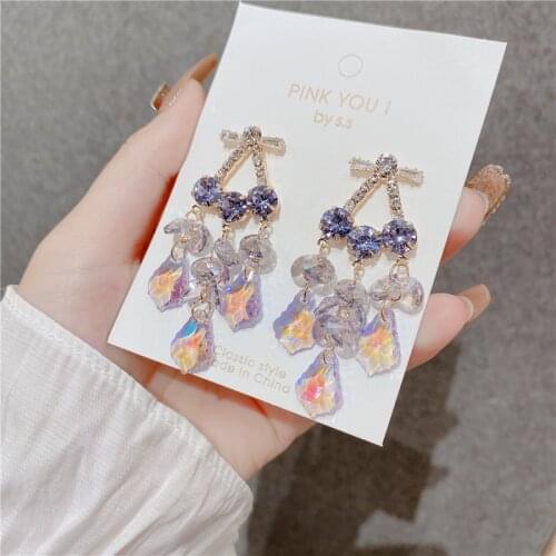 2021 Romantic Purple Crystal Long Drop Earrings Shining Rhinestone Flower Water Drop Dangle Earrings Elegant Fine Charm Jewelry