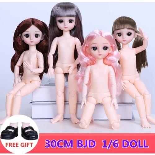 30cm BJD Dolls 1/6 DIY Naked Nude Body Plastic Female Doll Dress Up Long Hair Girls Toys Christmas Birthday Gift