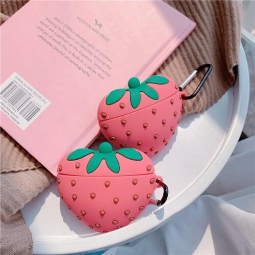 3D Cute Case for AirPods 2 Silicone Bluetooth Earphone Case for Airpods cover Cartoon Fruit Strawberry Design with Keychain