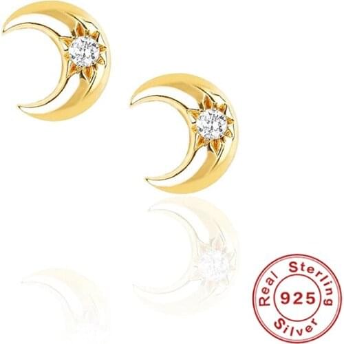 Aide Real 925 Sterling Silver Fine Jewelry Glitter Moon Stud Earrings For Girls Wedding Anniversary Piercing Pendientes Plata