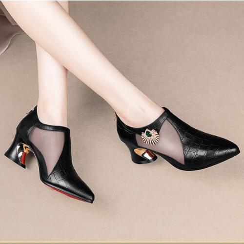 2021 Fashion Mesh Boots Woman Summer Shoes Women Mid Heels Sandals Boot Pointed toe Mixed color Footware Female BEIGE BLACK