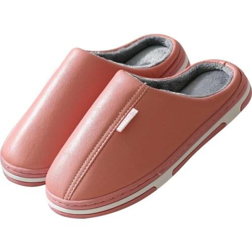Home Soft Slippers PU Warm Lovers Indoor Slippers Women Waterproof Winter Womens Shoes Plush Anti Slip Slides Casual Pantufla
