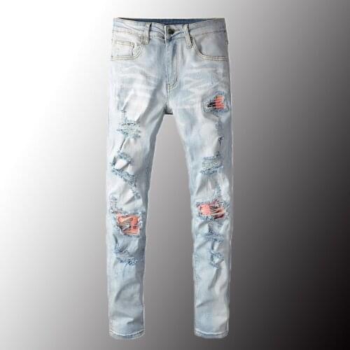 New Luxury Mens Light Blue Patchwork Ripped Denim Jeans Streetwear Patch Holes Destroyed Stretch Pants Plus Size 40
