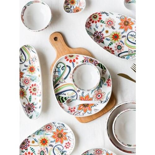 EECAMAIL Bohemian Ethnic Style Flowers Matte Glaze Bone China Plate Rice Bowl Ceramic Household Dish Steak Dish European Style