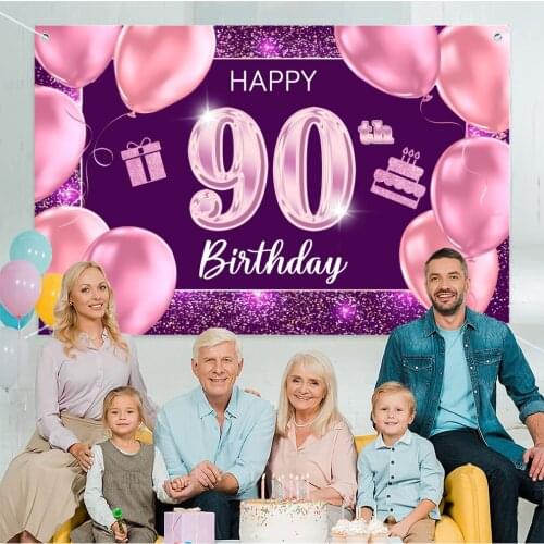 Happy 90th Birthday Backdrop for Women Happy Ninety Years Old Birthday Party Background Shining Glitter Purple Party Banner