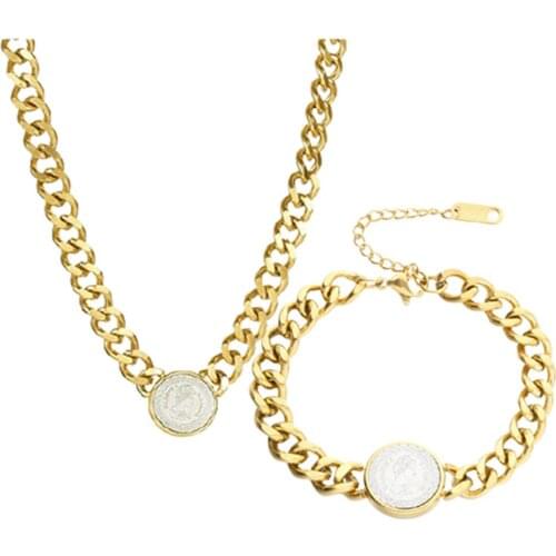 316L Stainless Steel Gold and Silver Double Color Cuban Thick Chain Princess Image Bracelet Necklace Set
