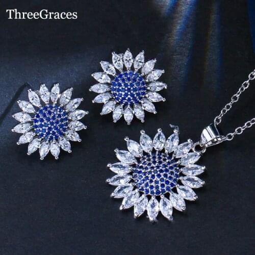 ThreeGraces Fashion Women Earrings Necklace Micro Pave Royal Blue CZ Stone White Crystal Big Sun Flower Summer Jewelry Set JS151