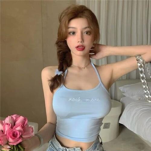 Summer playful girl sky blue camisole female letter embroidery sexy vest street party ins clothes