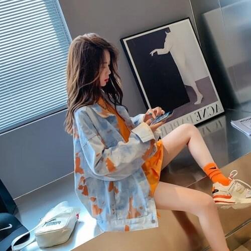 Fashion Contrast Tie-dye Casual Long Sleeves Women Jeans Jacket Streetwear Autumn Loose Lapel Chaqueta Mujer Female Basic Coat