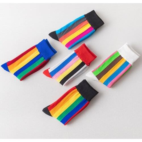 Novel Creative couple trendy socks College style stitching rainbow striped tube socks Womens and mens couple cotton socks gift