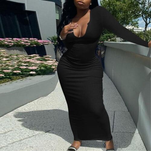 New Womens Dresses Autumn Solid Color Long-sleeved Sexy Low-cut Skinny Long Dress Plus Size Slim Party Dress Vestidos
