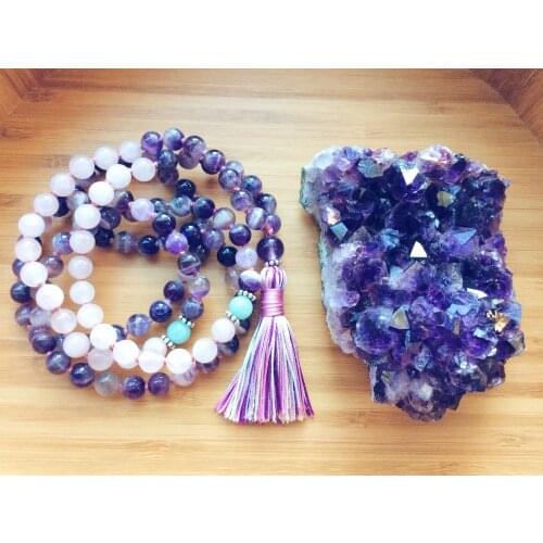 Purple Quartz And RoseQuartz Necklace 108 Mala Bead Necklace Tassel Necklaces Yoga Jewelry Buddhist Prayer Mala Beads Necklaces