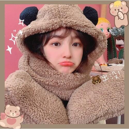 Lamb velvet bear scarf hat gloves cute female hundred neck plush hat Korean version of the students